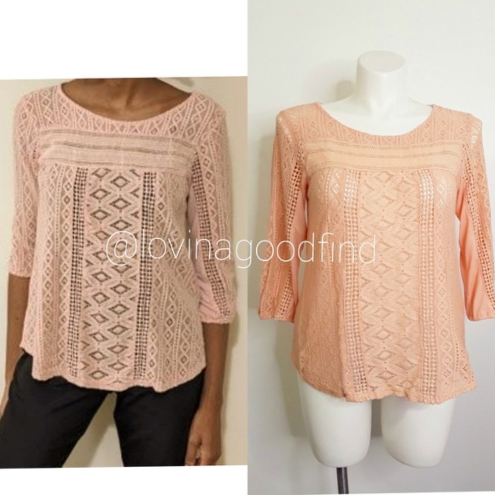 LUCKY Brand Peach Pink Lace Crochet Boho Blouse EUC sz M